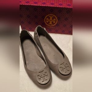 Tory Burch Gray Flats with Embossed Logo